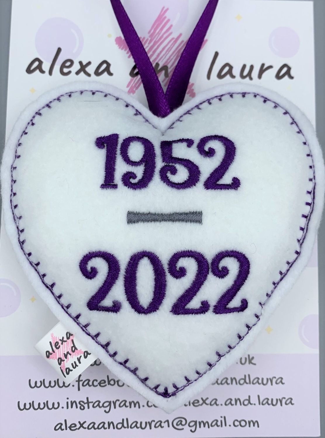 Jubilee Heart - Dates of Reign - Purple & Silver Stitching