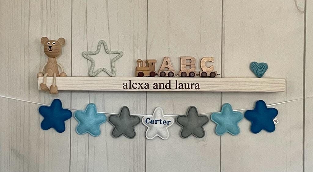 Stuffed Felt 7 Star Name Garland in Royal Blue, Baby Blue, Grey & White wit