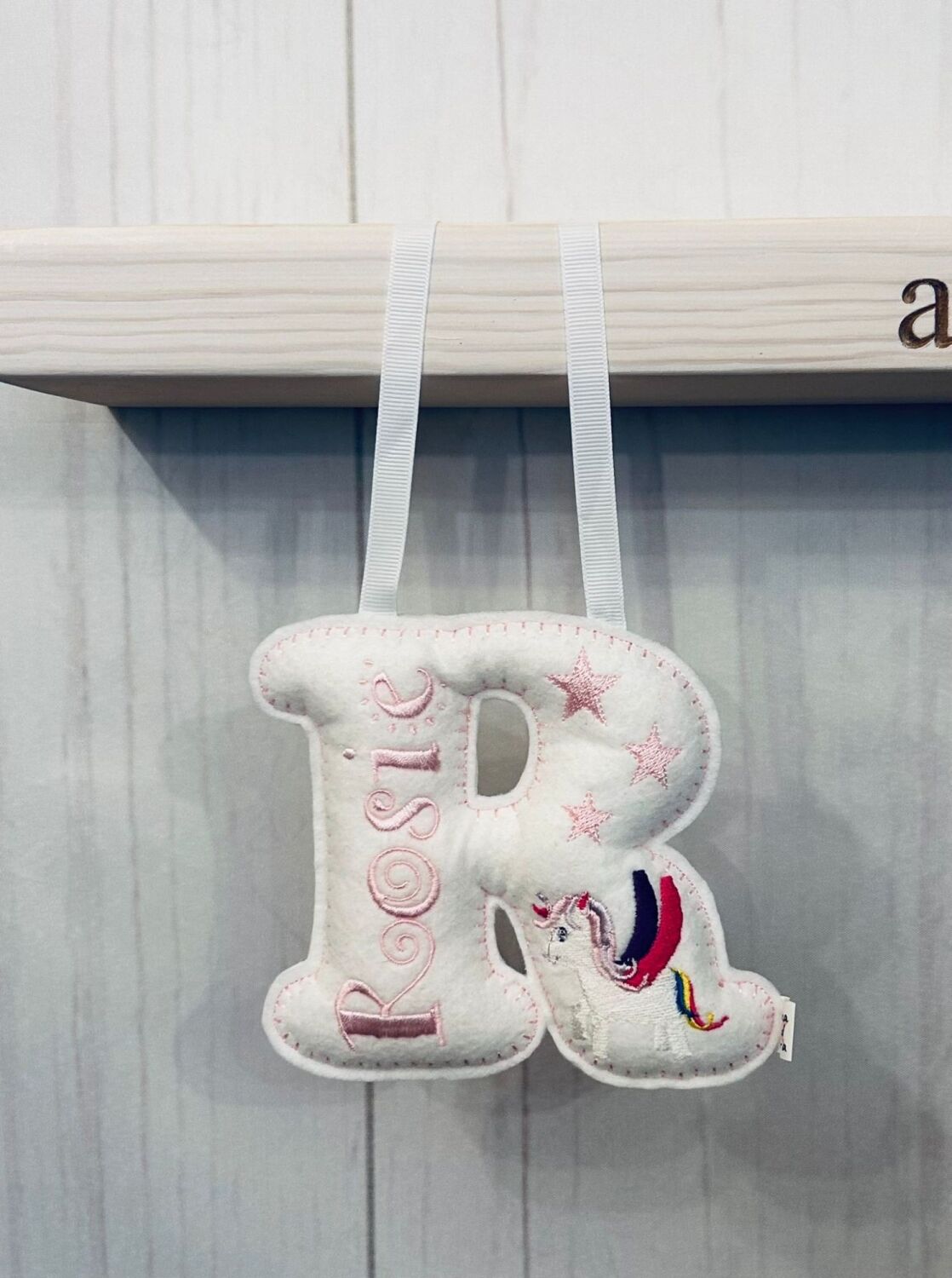 Unicorn - Personalised Hanging Felt Stuffed Embroidered Single Letter