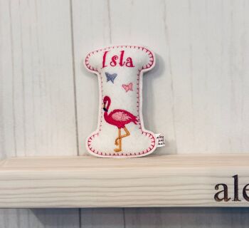 Flamingo - Personalised Hanging Felt Stuffed Embroidered Single Letter