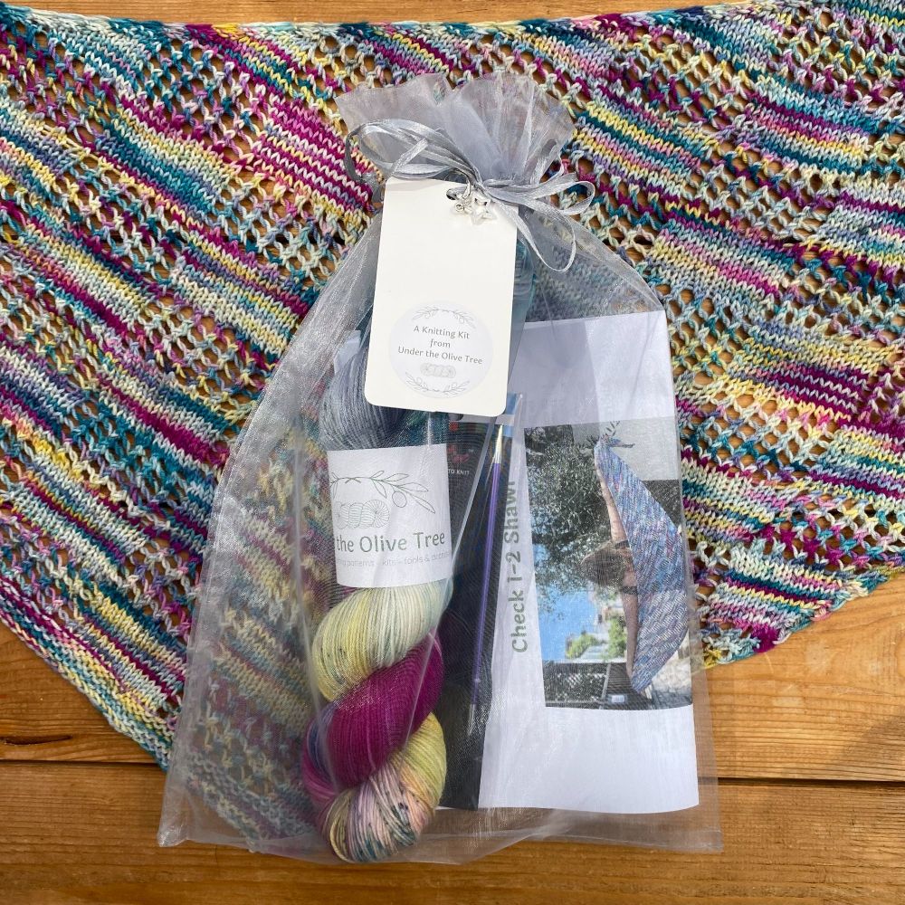 One Skein Shawl Knitting Kit - Check 1-2 (Choose Your Yarn)