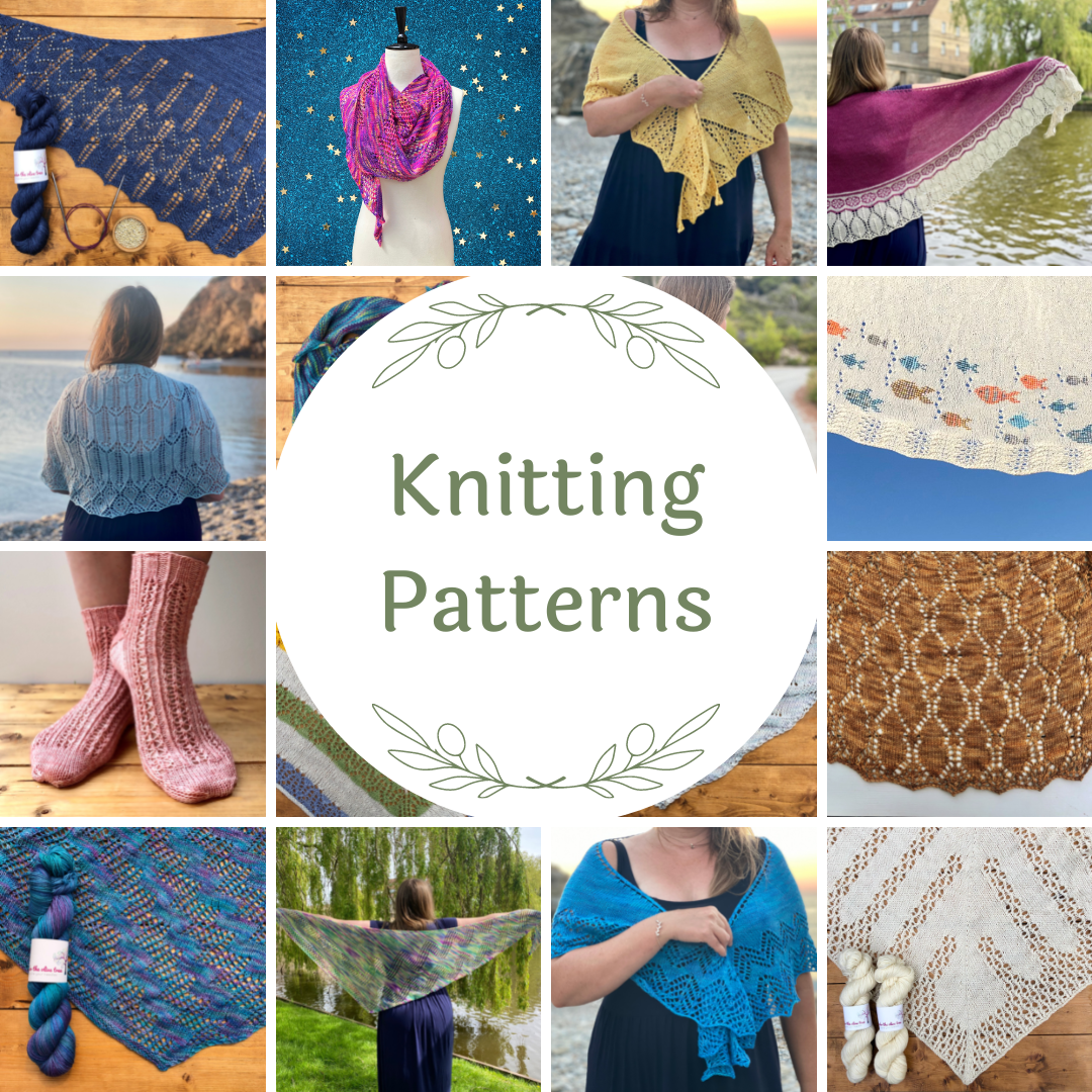 Image shows a selection of knitting patterns for hand-dyed yarns