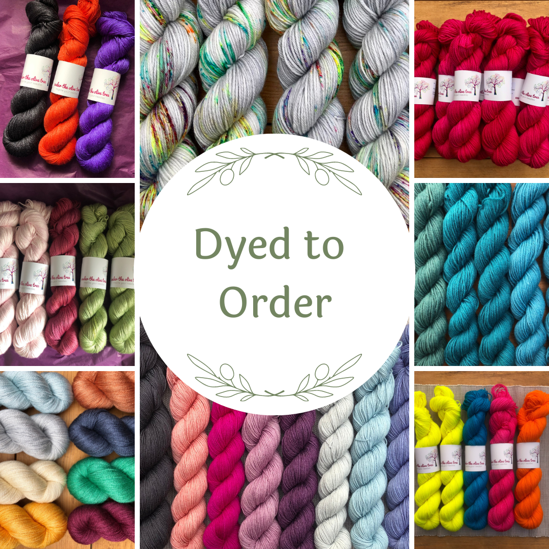 Image shows different combinations of yarn colourways dyed to order for customers