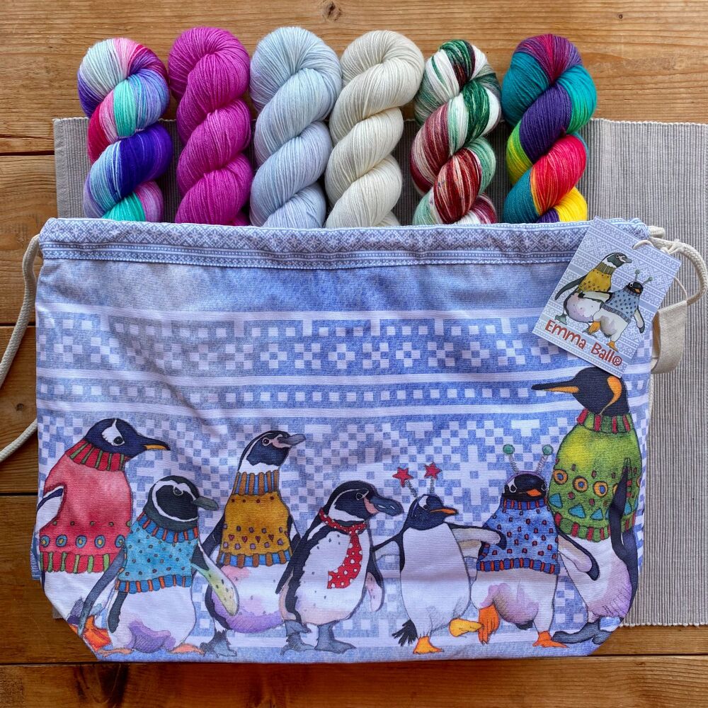 Emma Ball - 'Penguins in Pullovers' Large Drawstring Project Bag