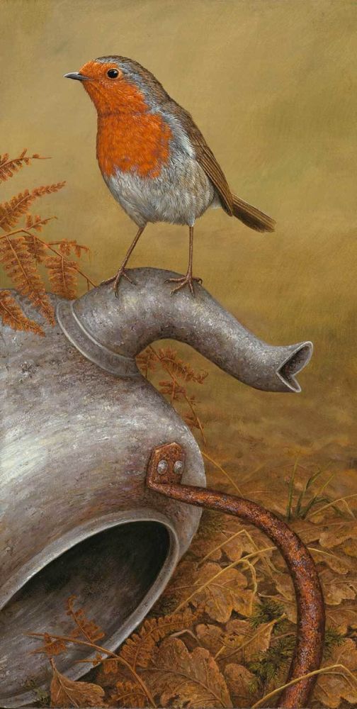 Robin On Teapot - Limited Edition Print By Robert E Fuller