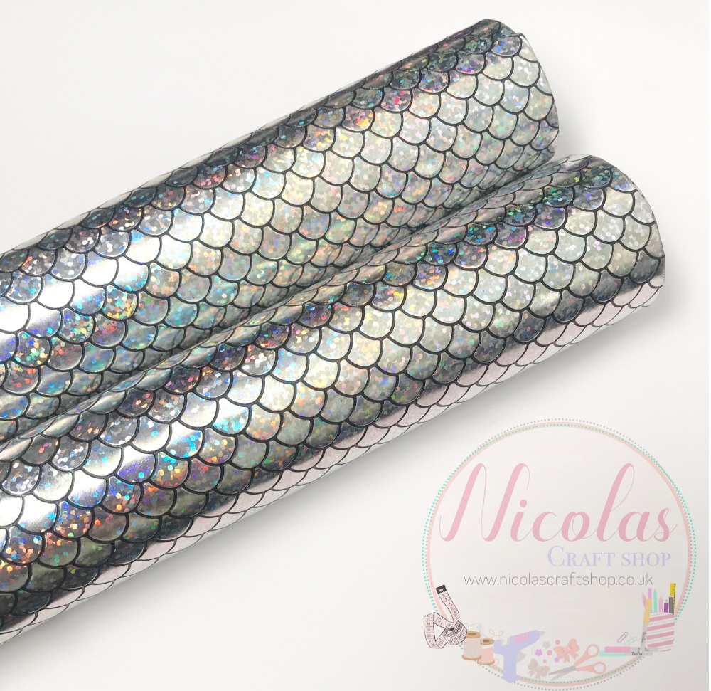 Silver irredescent mermaid scale fish tail printed fabric