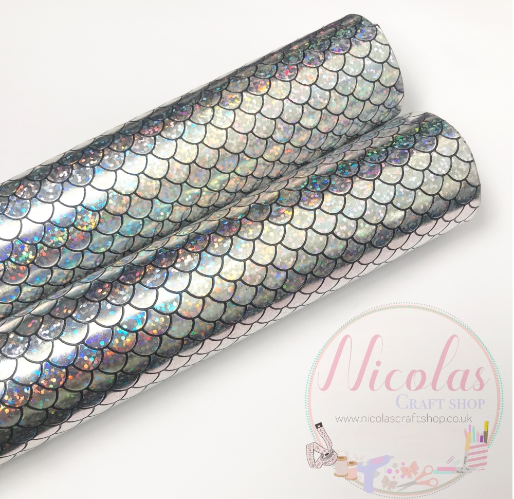 Silver irredescent mermaid scale fish tail printed fabric 