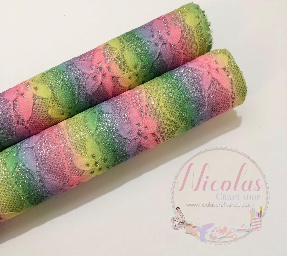 Bright Rainbow Lace Fine Glitter Fabric
