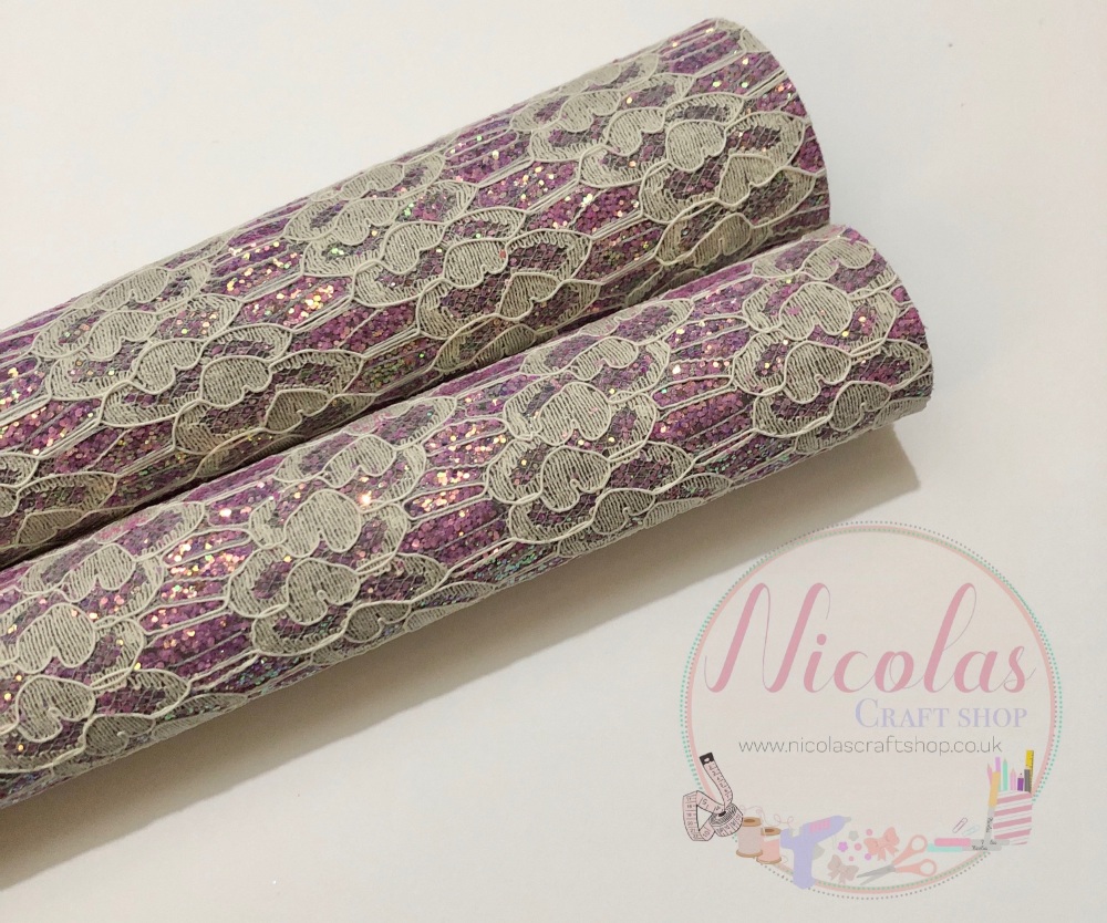 Lilac fine glitter lace fabric sheet