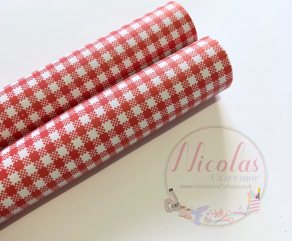 Red Gingham print printed leatherette fabric