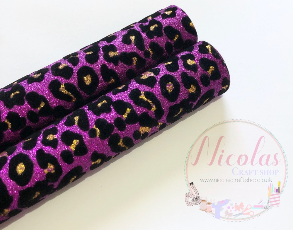 Cadbury Purple Leopard print velveteen fine glitter fabric 