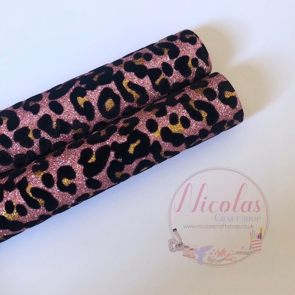 Pink Leopard print velveteen fine glitter fabric 