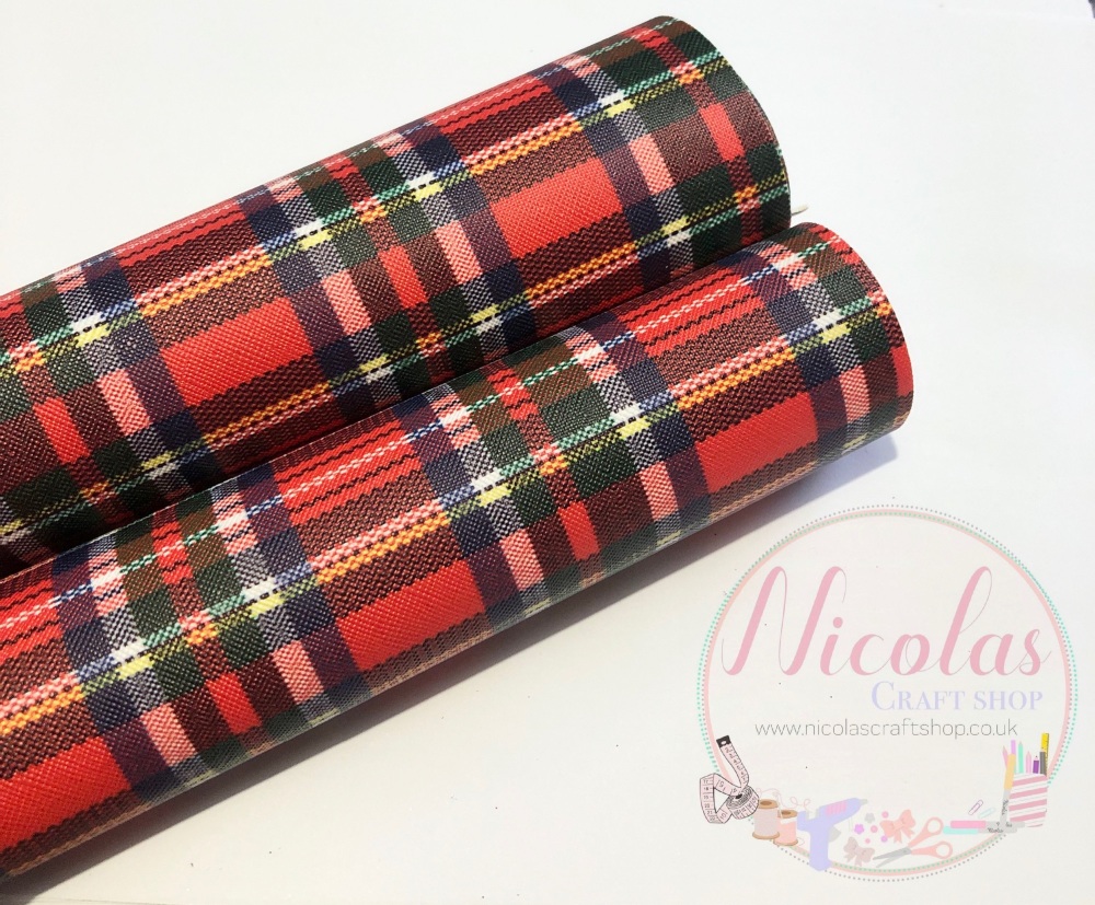 Red tartan printed leatherette fabric