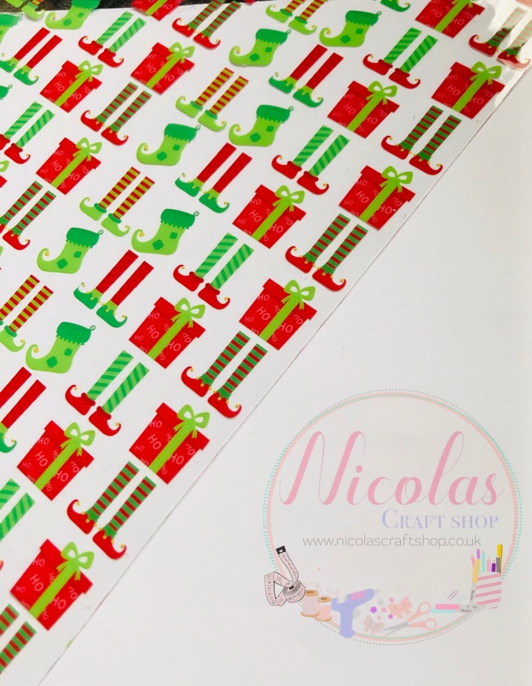 SEASONAL - Elf Stockings & presents transparent printed jelly fabric