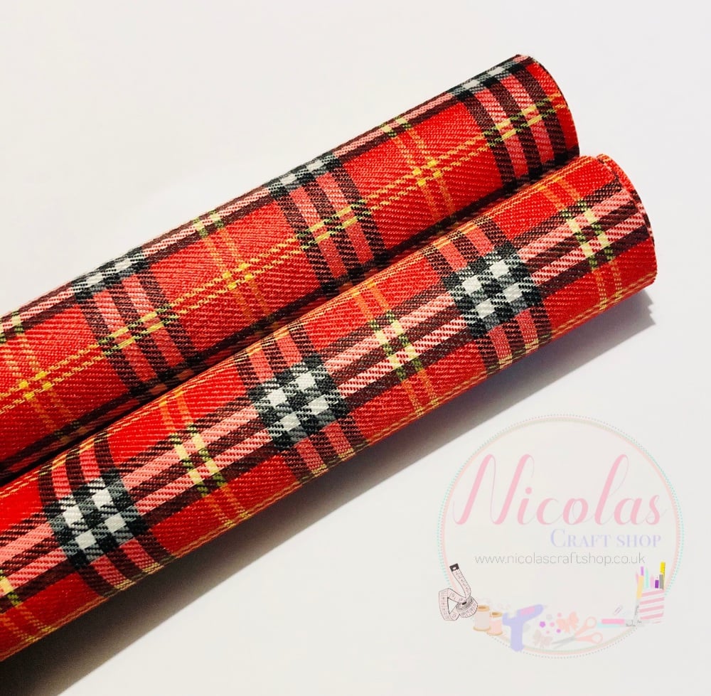 Leather Backed small print red tartan fabric