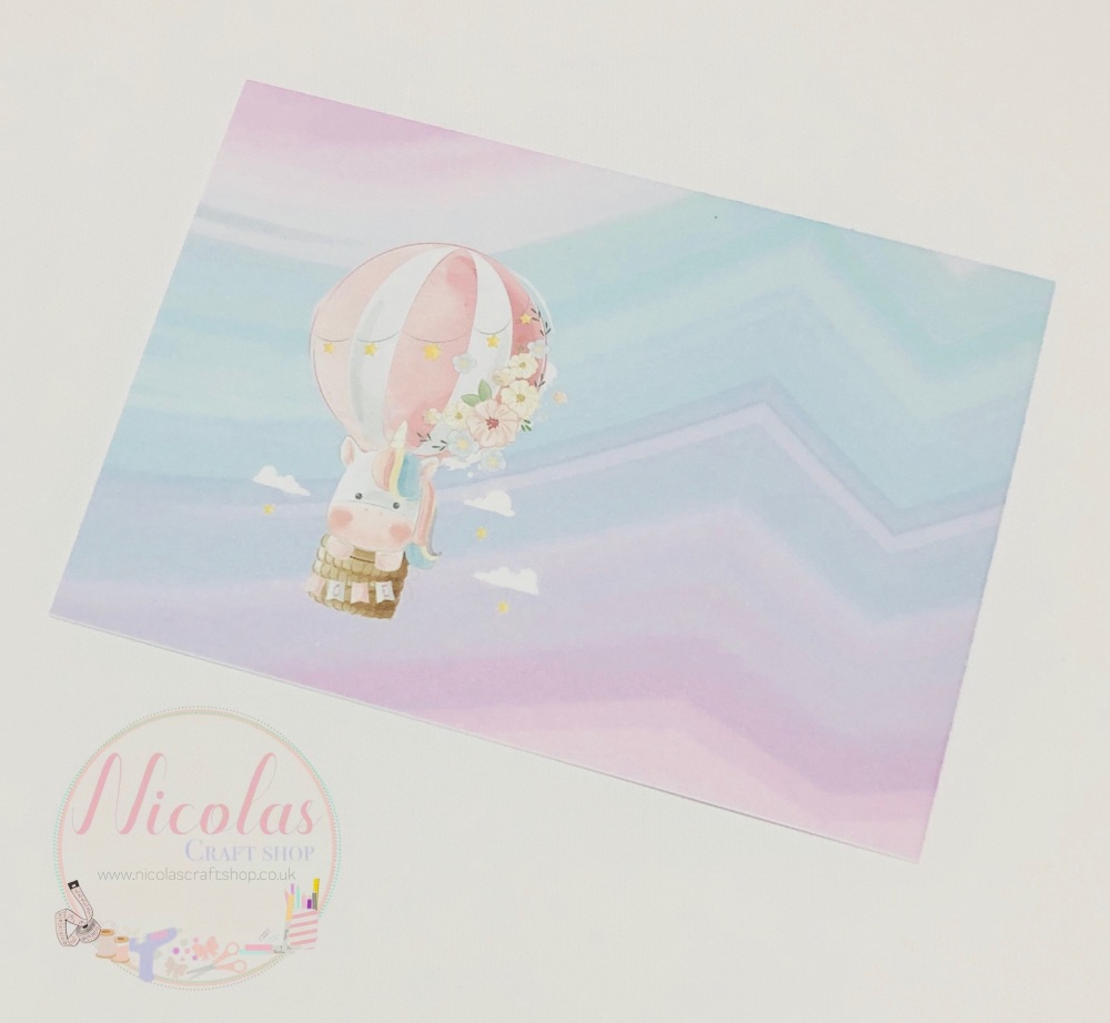 Watercolour Hot air balloon unicorn Printed bow card (pack of 10)