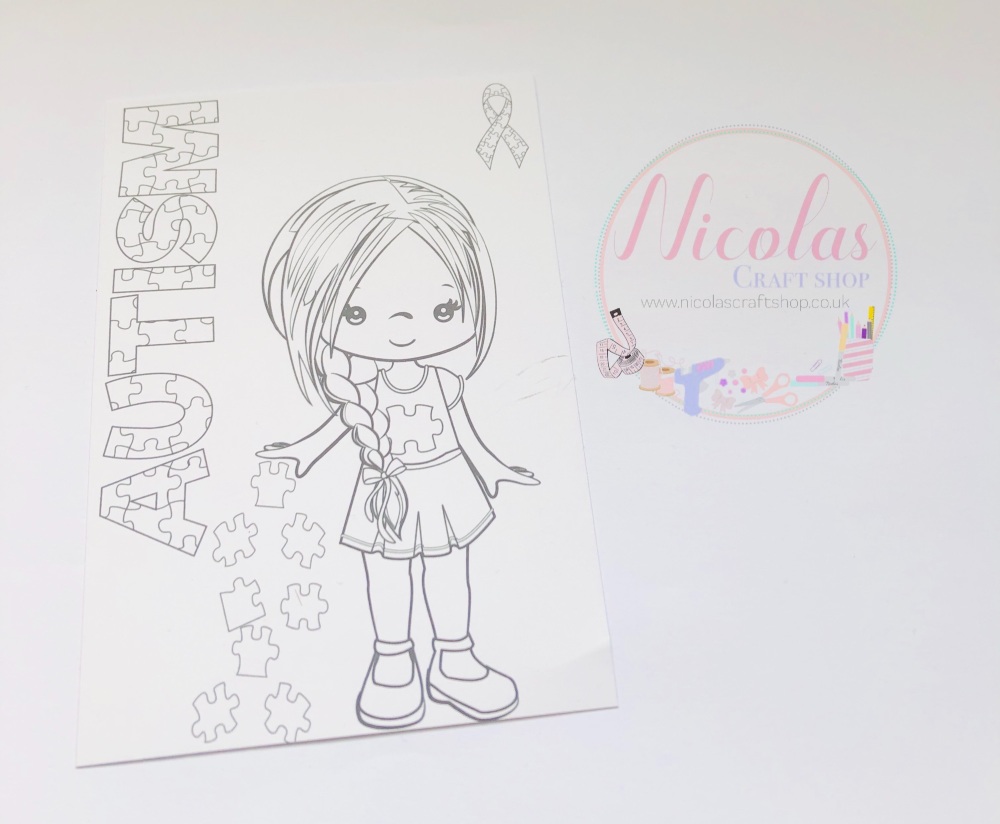 Colour me in autism awareness girl printed bow cards