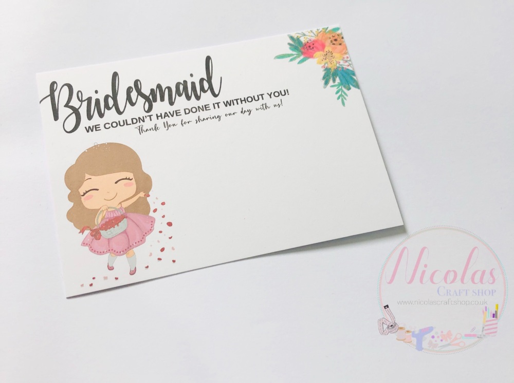 Brown hair Bridesmaid thank you printed bow card 