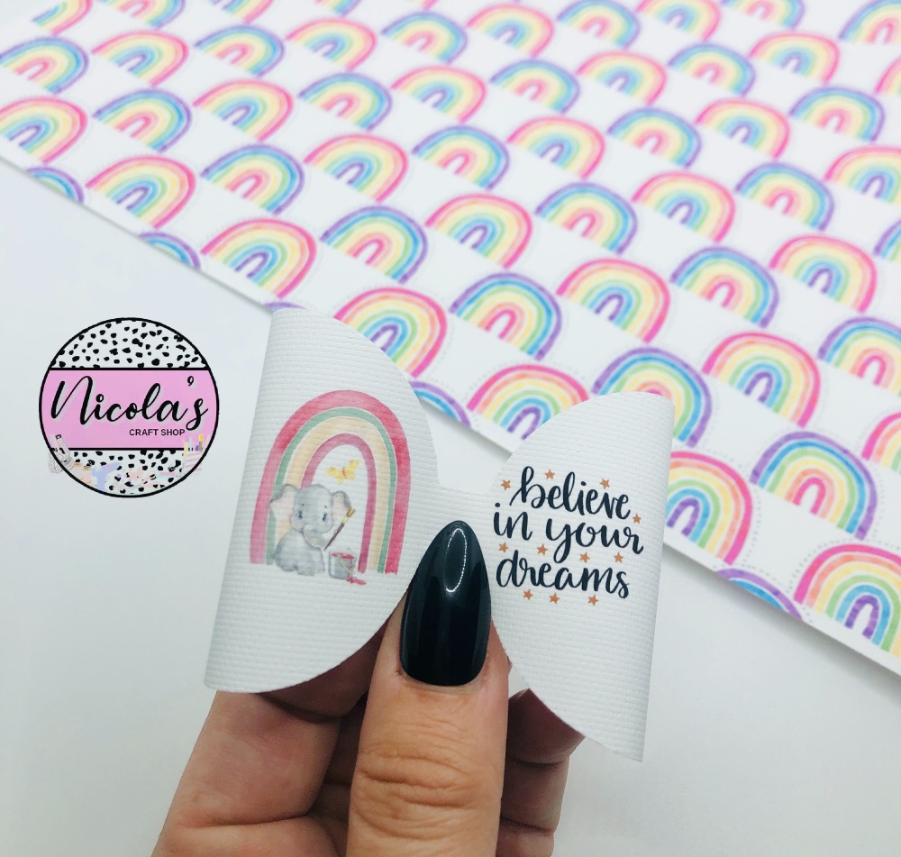 RED Under The Rainbow Elephant - Believe in your dreams printed pre cut bow