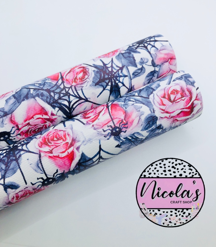 Spider Web rose floral flower Printed leatherette fabric