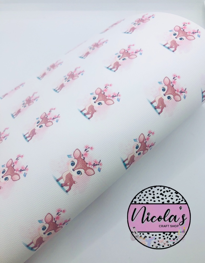 1593 - Pink dust Cute baby deer printed canvas fabric sheet