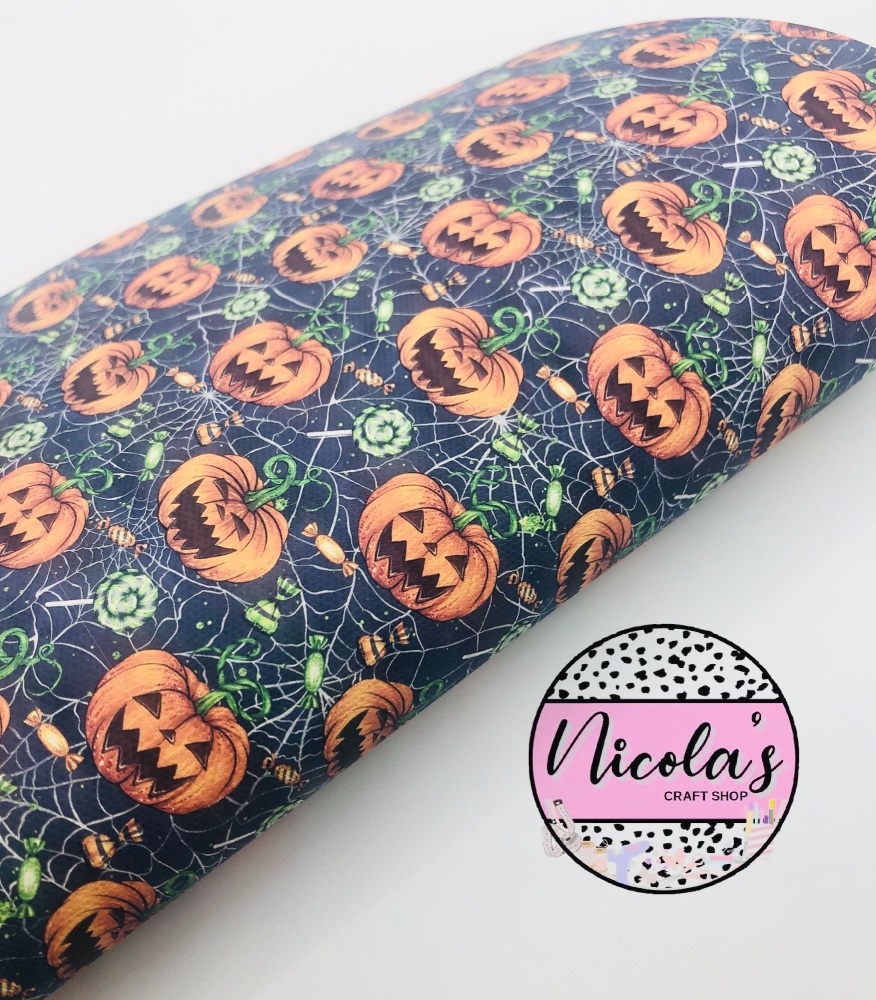1578 - Halloween Pumpkin spider web printed canvas fabric sheet