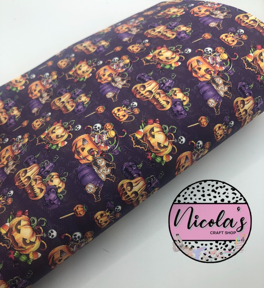 1577 - Halloween Pumpkin filled with candy printed canvas fabric sheet