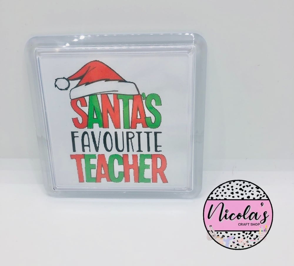 Santas favourite teacher bold letter santa hat Plastic personalised coaster