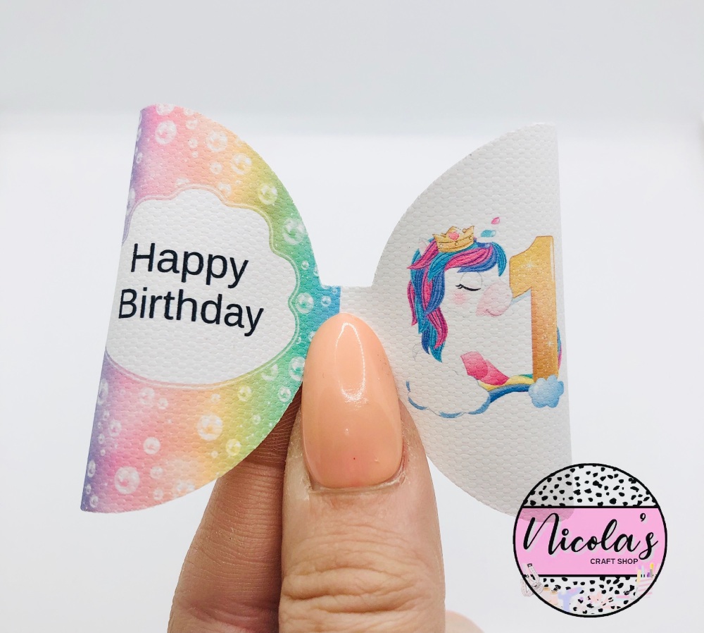 Happy birthday unicorn number printed pre cut bow loop