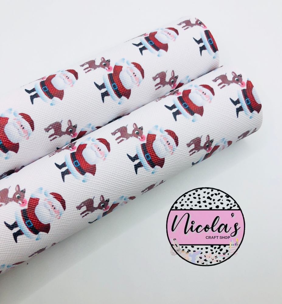 Santa Claus & Reindeer printed leatherette fabric