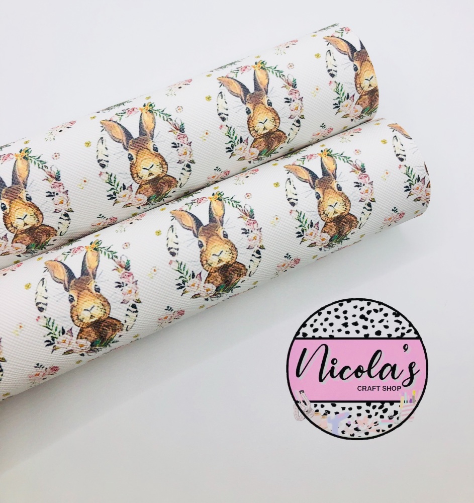 Floral Bunny Rabbit printed leatherette fabric