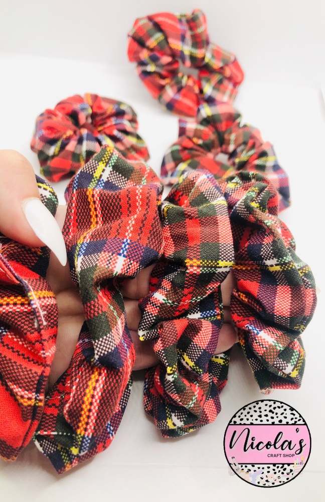 Red Tartan Cotton Scrunchie Hair bobble
