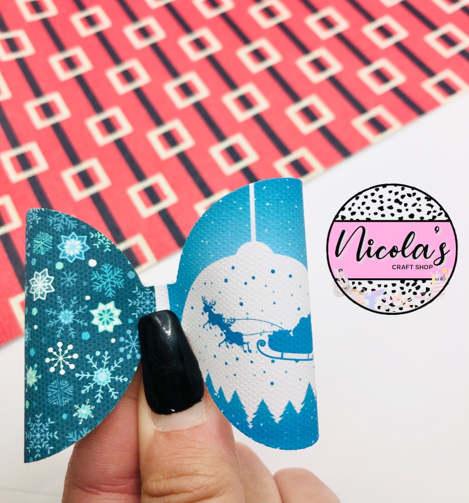 Blue snowflake santa sleigh printed pre cut bow loop