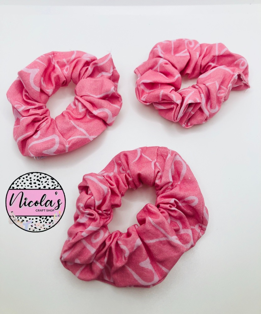 REDUCED TO CLEAR COTTON FABRIC Pink LOVE print Scrunchie Hair bobble