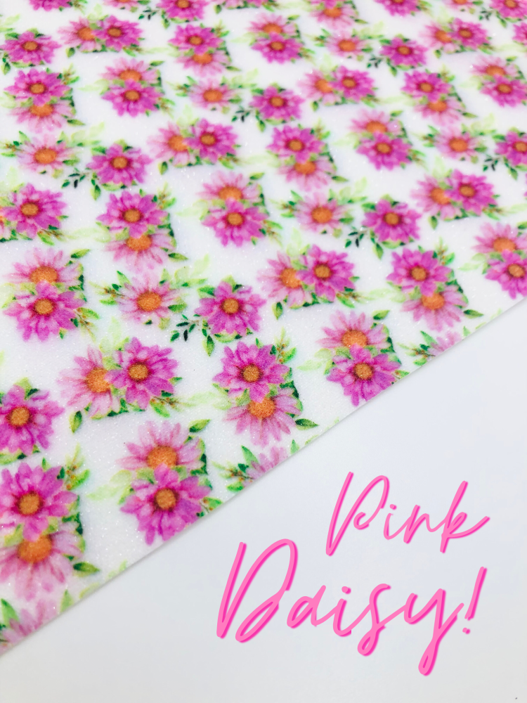 Pink Floral Daisy Flower Printed Fine Glitter Fabric