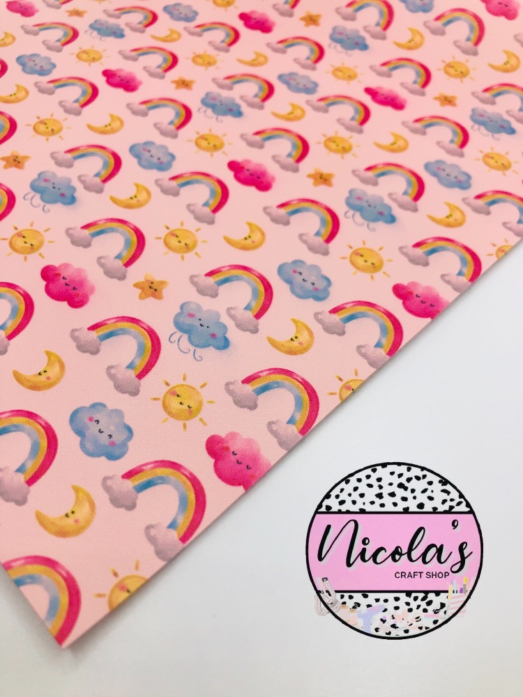 Pink Rainbow Sunshine & Clouds Printed In House Leatherette Fabric