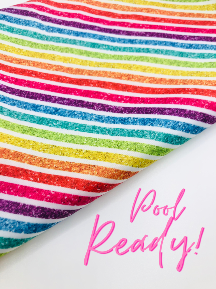 SWIMWEAR FABRIC - Printed Rainbow Glitter Stripe Spandex Fabric