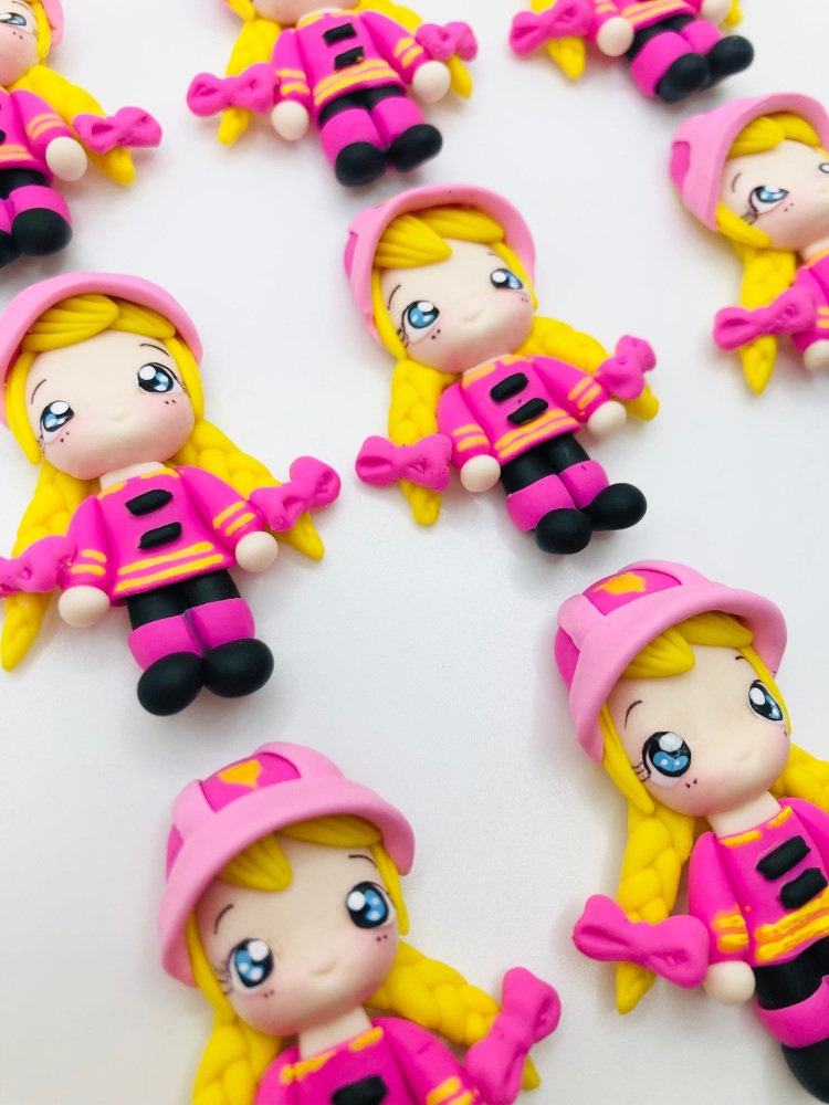 Pink Fire fighter Girl Polymer Clay Doll