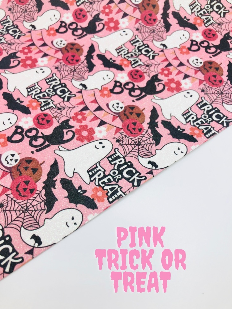 Pink Trick or Treat Ghost Printed fine glitter fabric