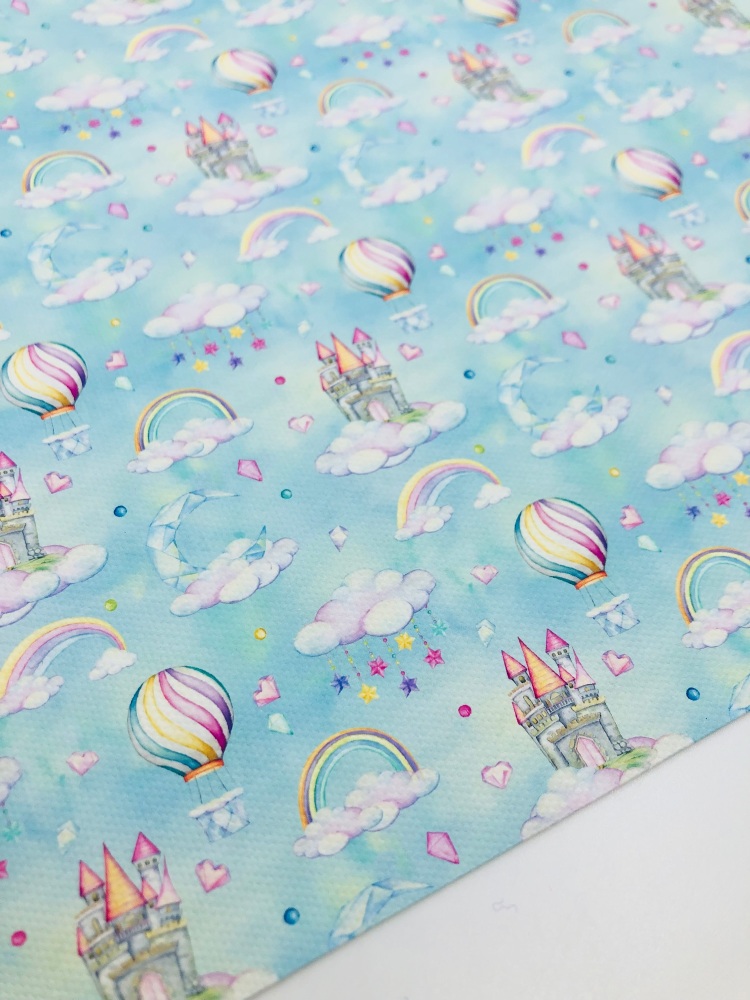 1710 - Baby Blue Castle Pastel Rainbow printed canvas fabric sheet