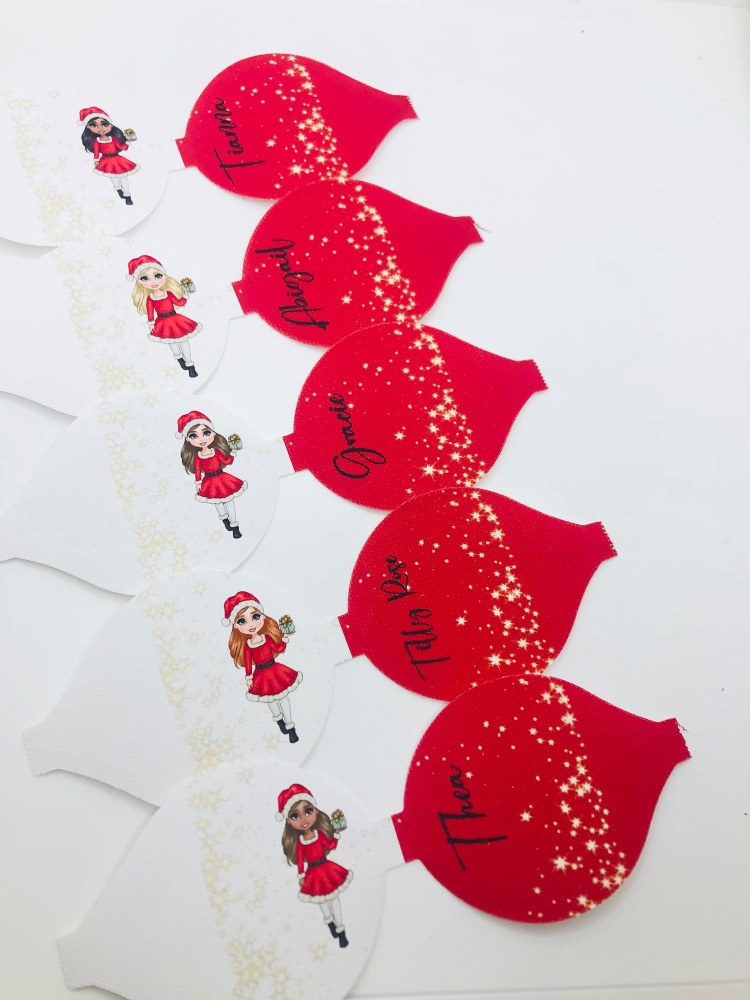 Red Santa Girl Christmas Personalised snowflake printed pre cut bow loop