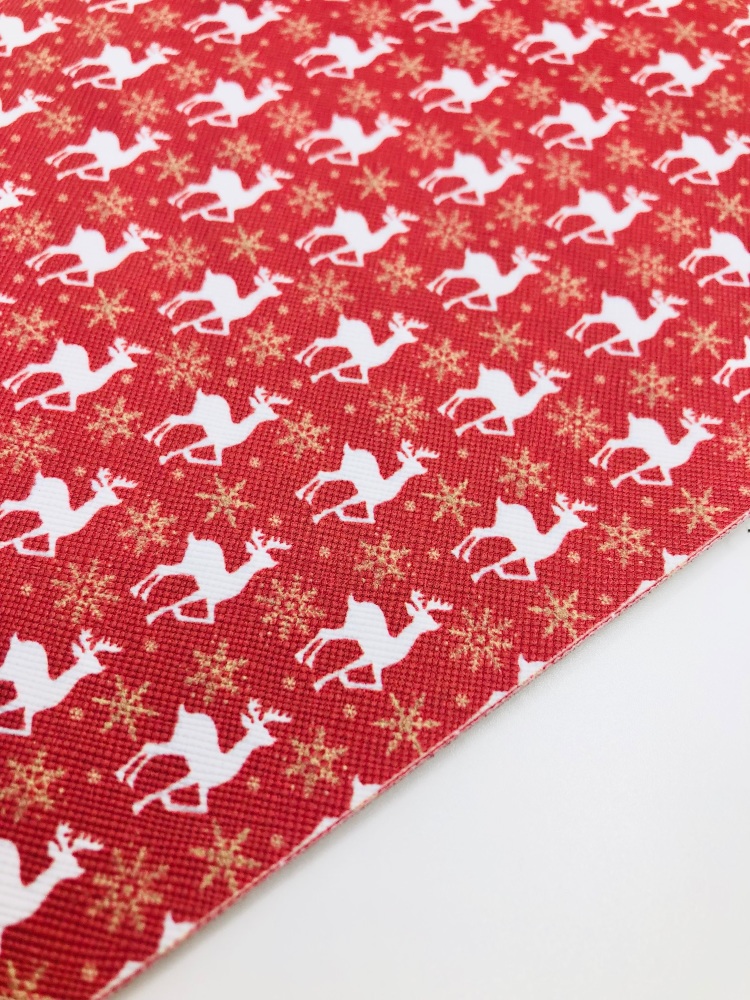 Red Reindeer Snowflake print christmas printed leather fabric