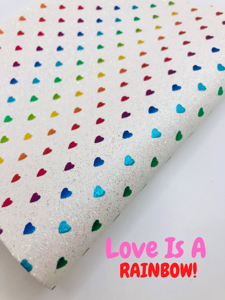 Rainbow hearts white printed fine glitter fabric