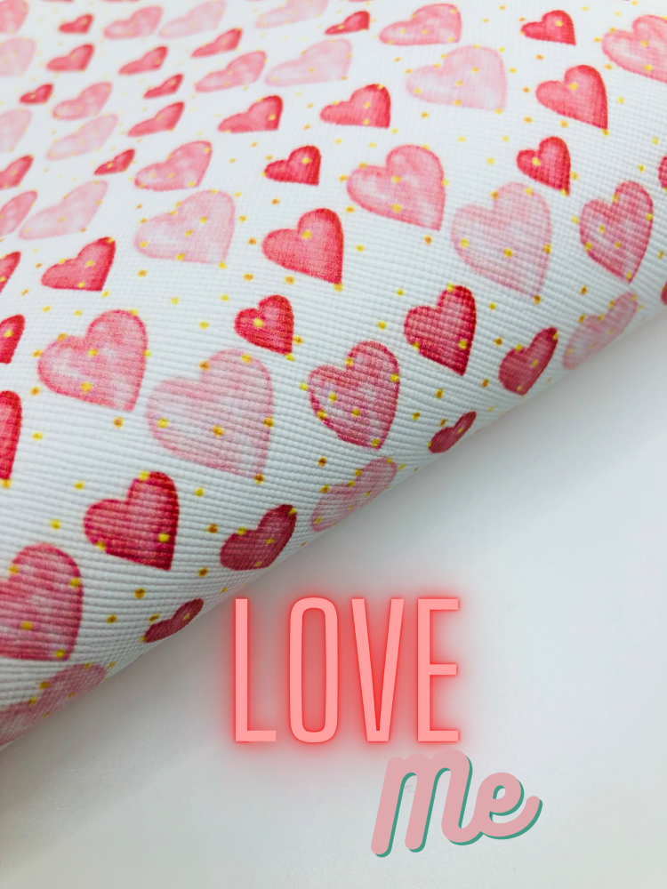 Love me heart collage printed leatherette fabric