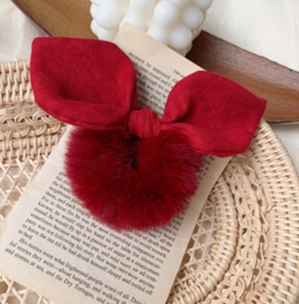 RED - Fur Bunny Ear Hair bobble Scrunchie