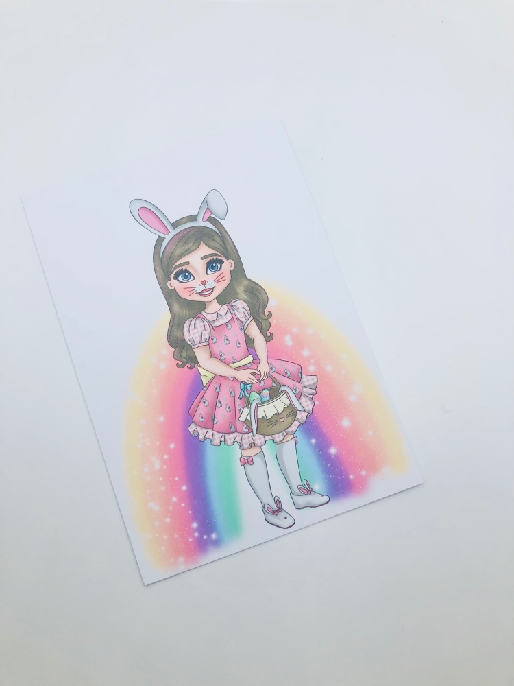 Brown Hair Bunny Girl Easter Pastel rainbow Printed bow card (pack of 10)