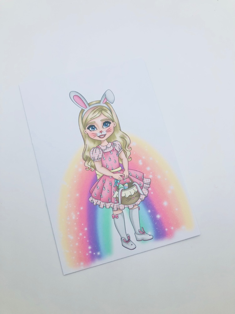 Blonde Hair Bunny Girl Easter Pastel rainbow Printed bow card (pack of 10)