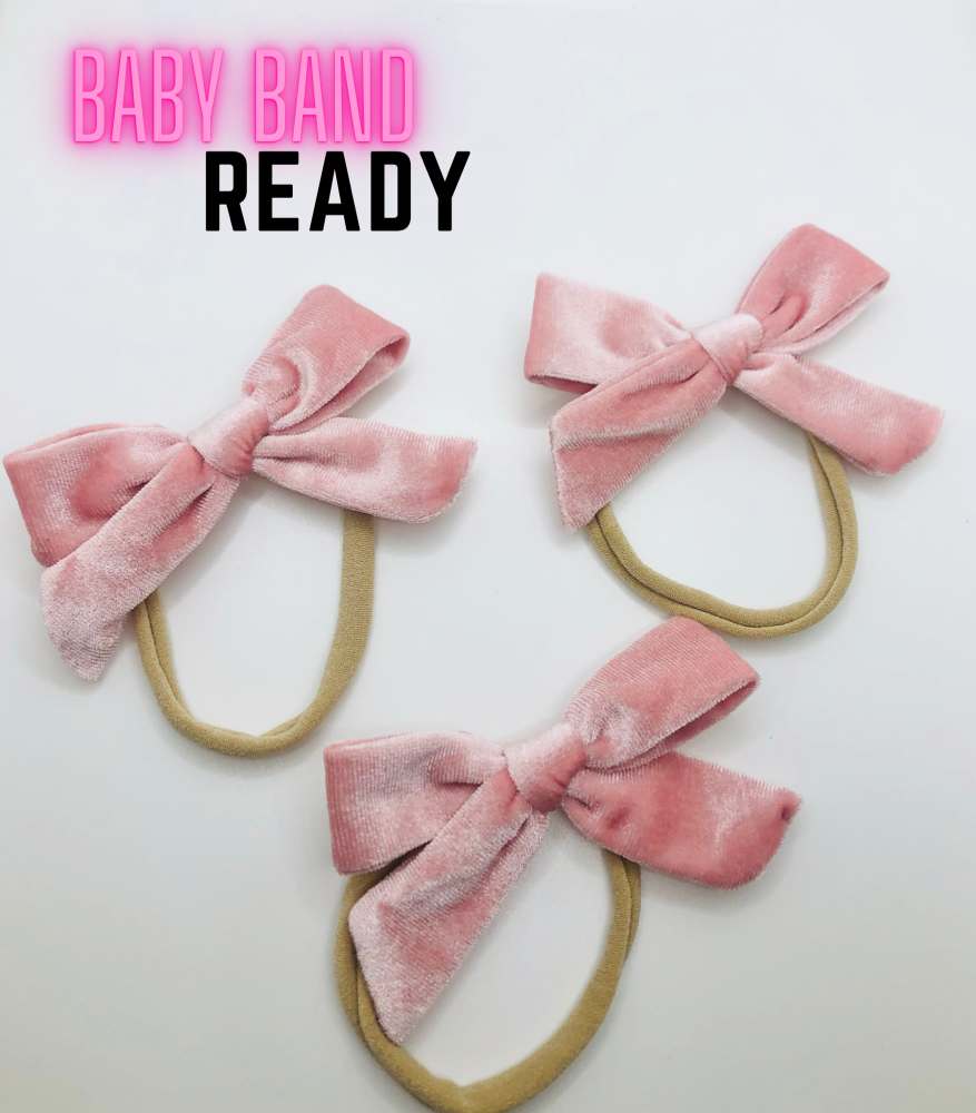 LIGHT PINK - Korean Velvet Bow Knot ready made hair bow on baby band