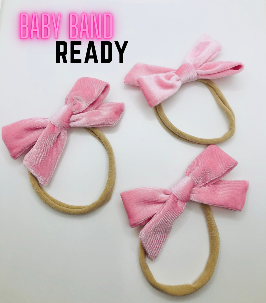 PINK - Korean Velvet Bow Knot ready made hair bow on baby band