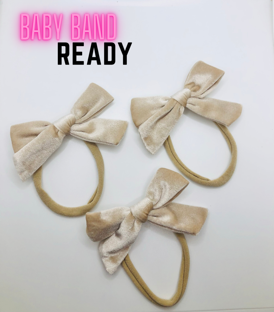 BEIGE - Korean Velvet Bow Knot ready made hair bow on baby band